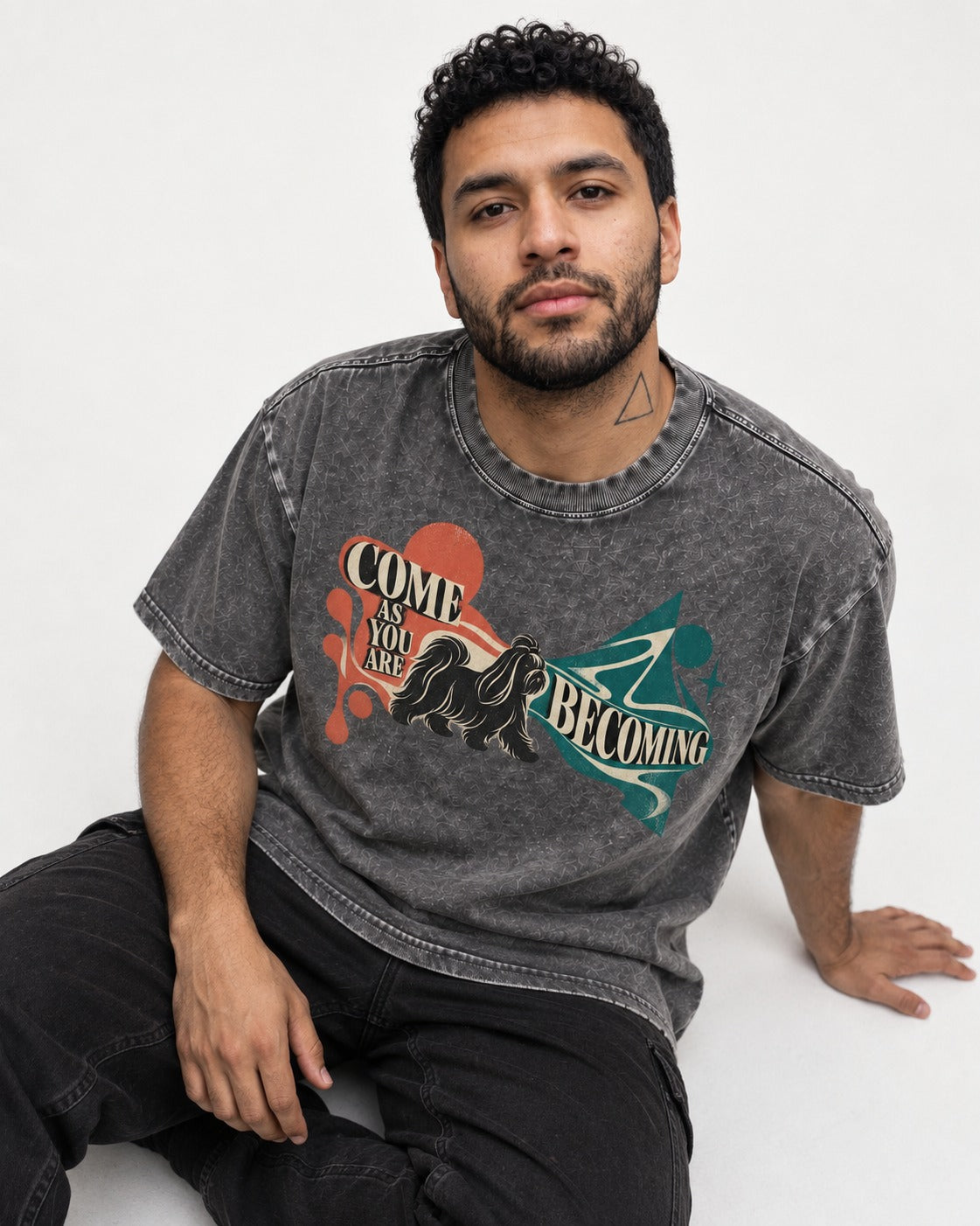 Come as You Are Shih Tzu Washed Tee in Gray, worn by a seated model