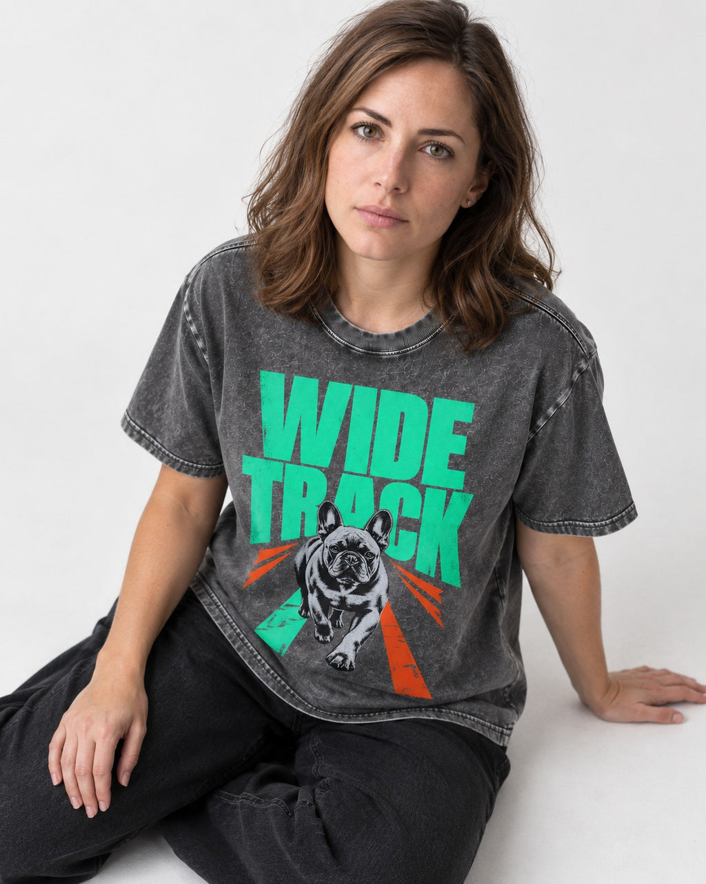 Wide Track Frenchie Washed Tee in Gray, worn by a seated model