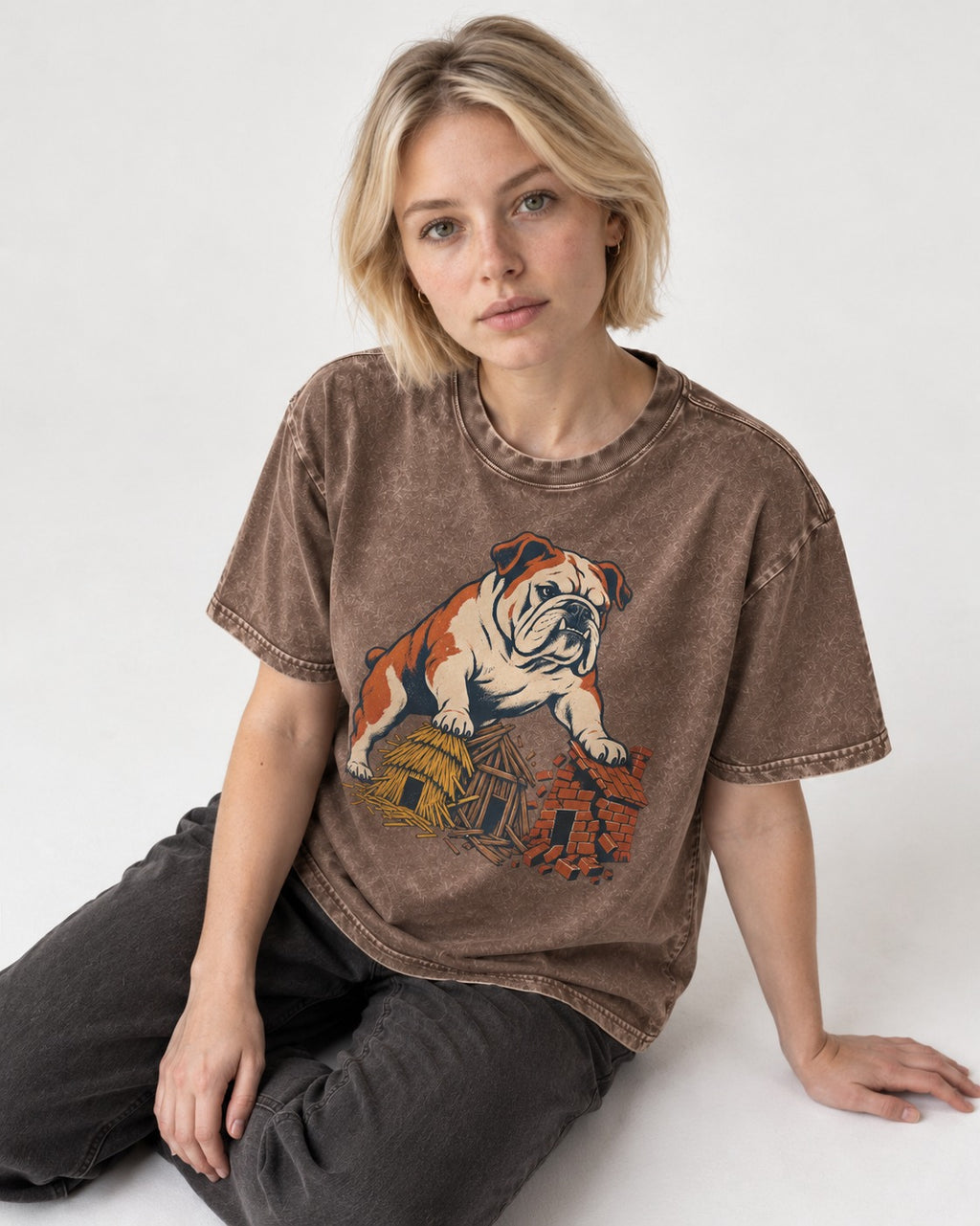 English Bulldog Huff and Puff Washed Tee in Coffee, worn by a seated model