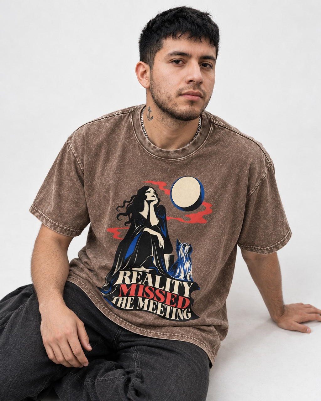 Yorkshire Terrier Reality Missed the Meeting Washed Tee in Coffee, worn by a seated model