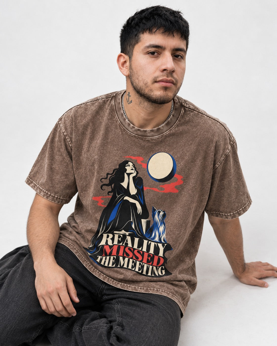 Yorkshire Terrier Reality Missed the Meeting Washed Tee in Coffee, worn by a seated model