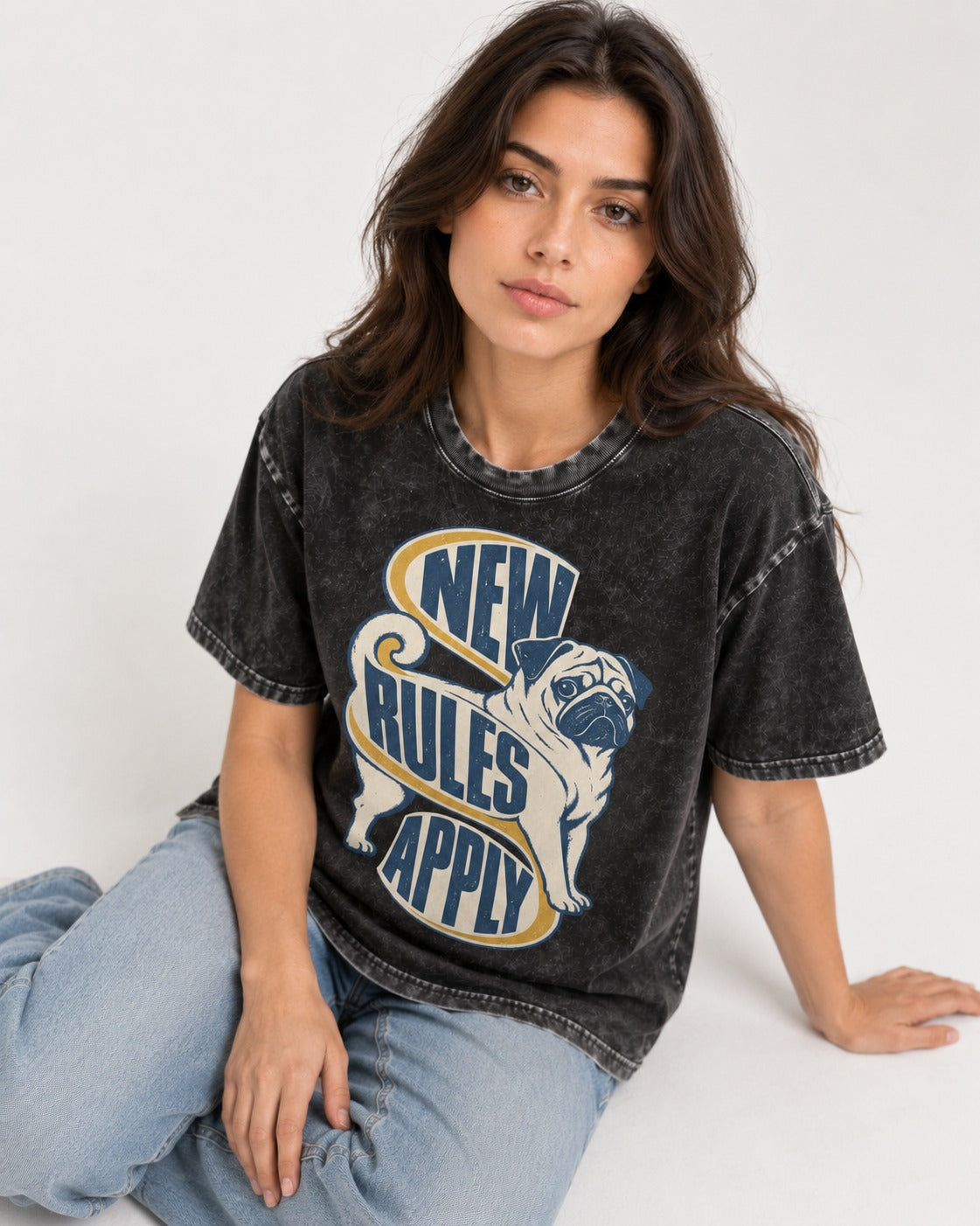 Pug New Rules Apply Ribbon Graphic Washed Tee in Black, worn by a seated model
