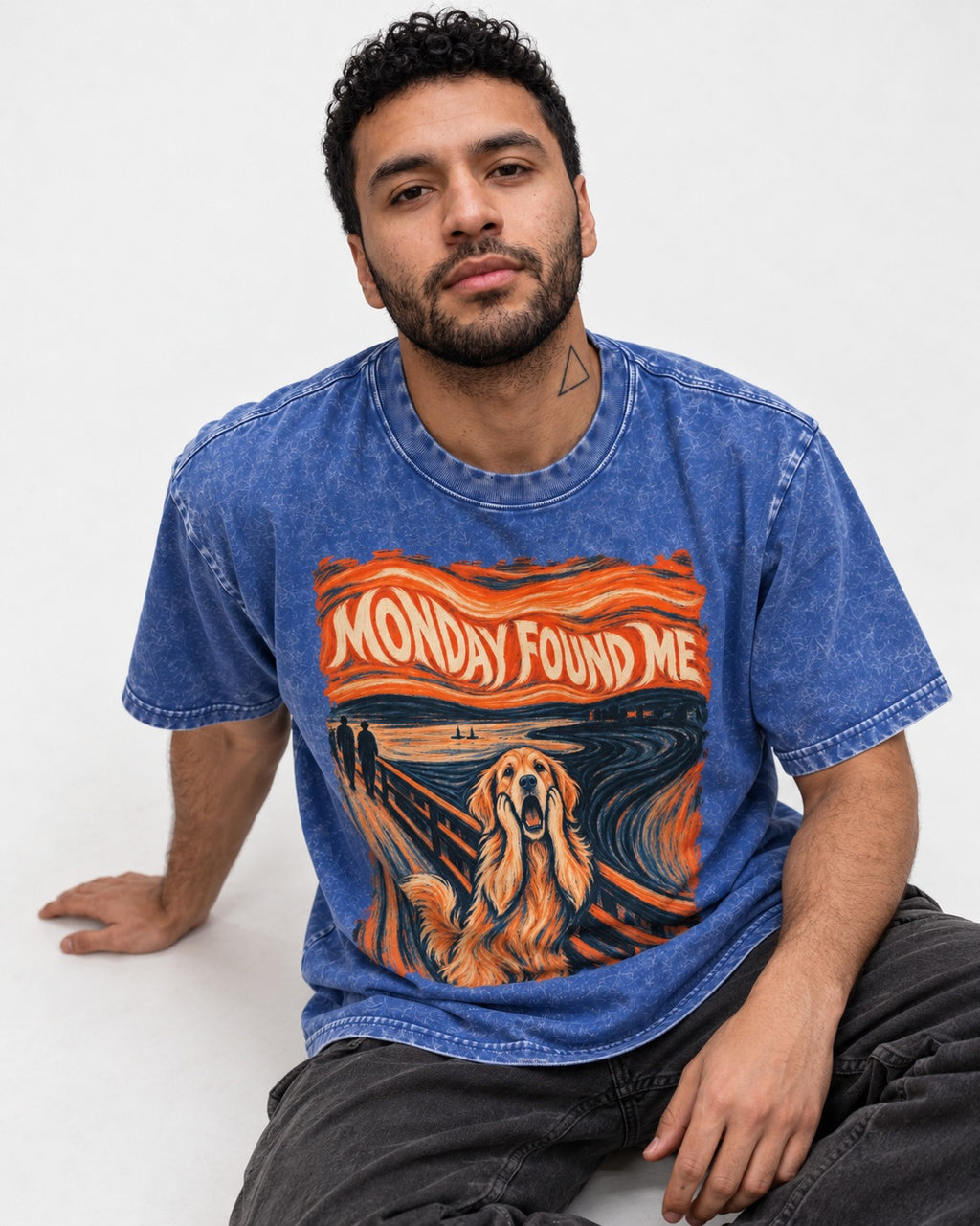 Monday Found Me Scream Golden Retriever Graphic Washed Tee in Royal Blue, worn by a seated model