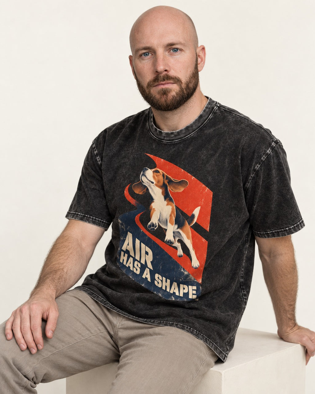 Air Has A Shape Beagle Jumping Graphic Washed Tee in Black, worn by a seated model