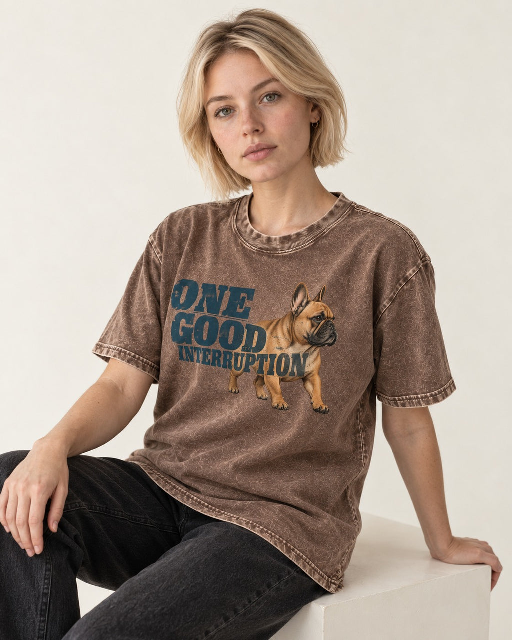 One Good Frenchie Interruption Washed Tee in Coffee, worn by a seated model