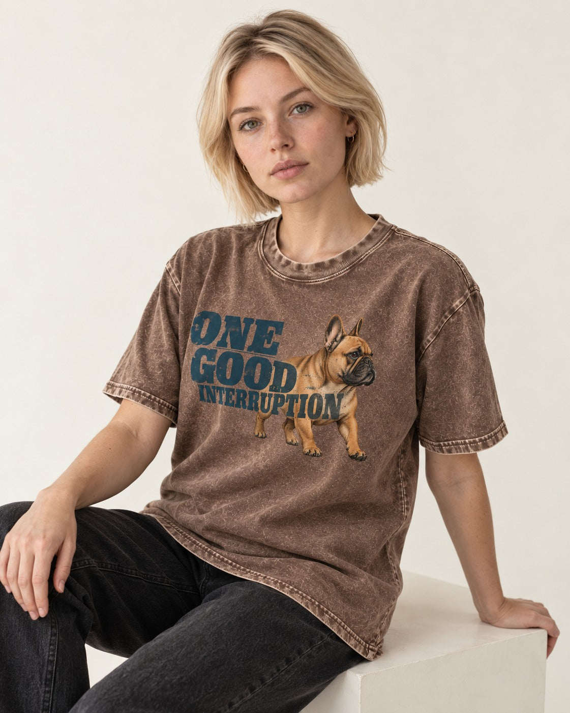 One Good Frenchie Interruption Washed Tee in Coffee, worn by a seated model