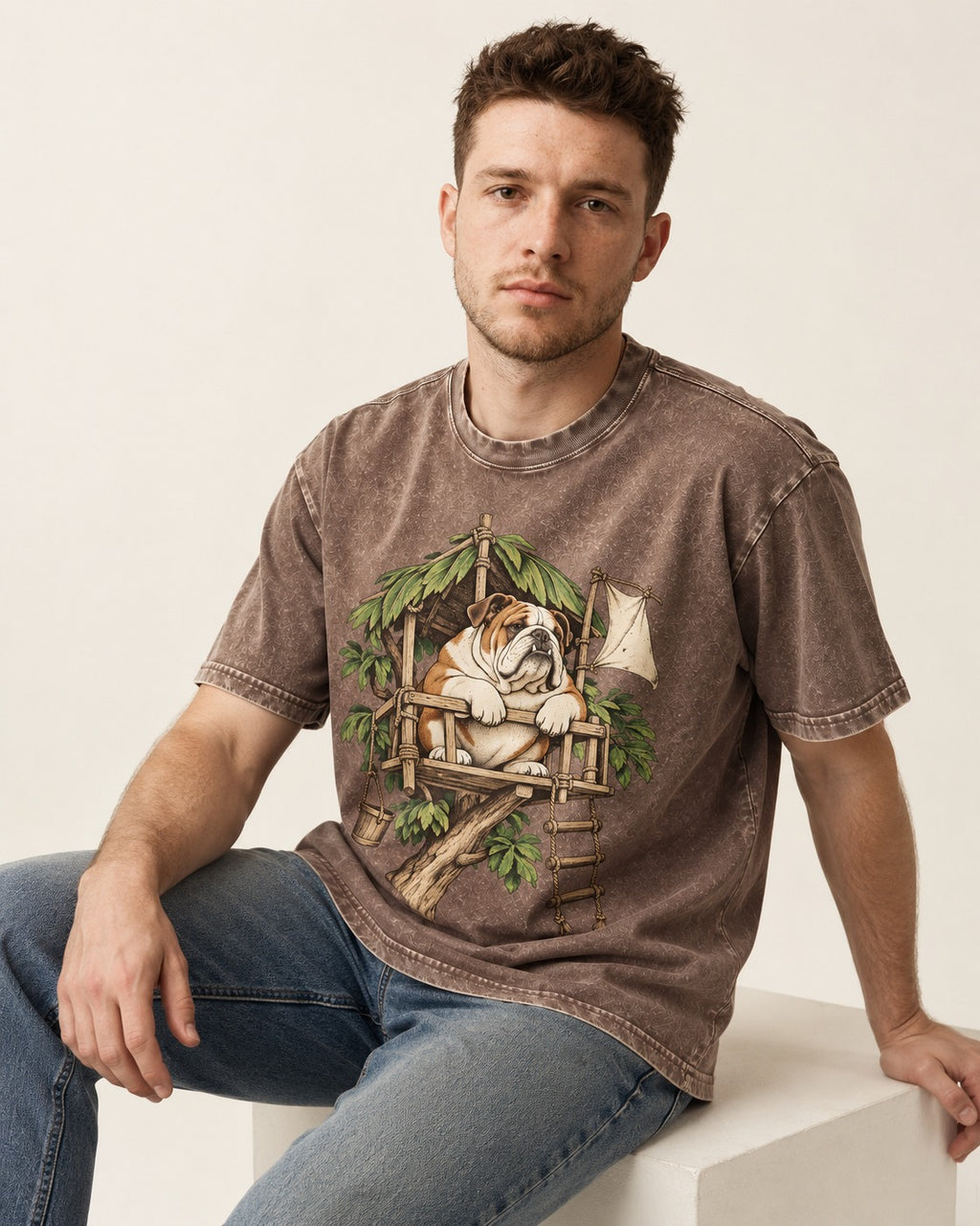 English Bulldog Above It All Washed Tee in Coffee, worn by a seated model