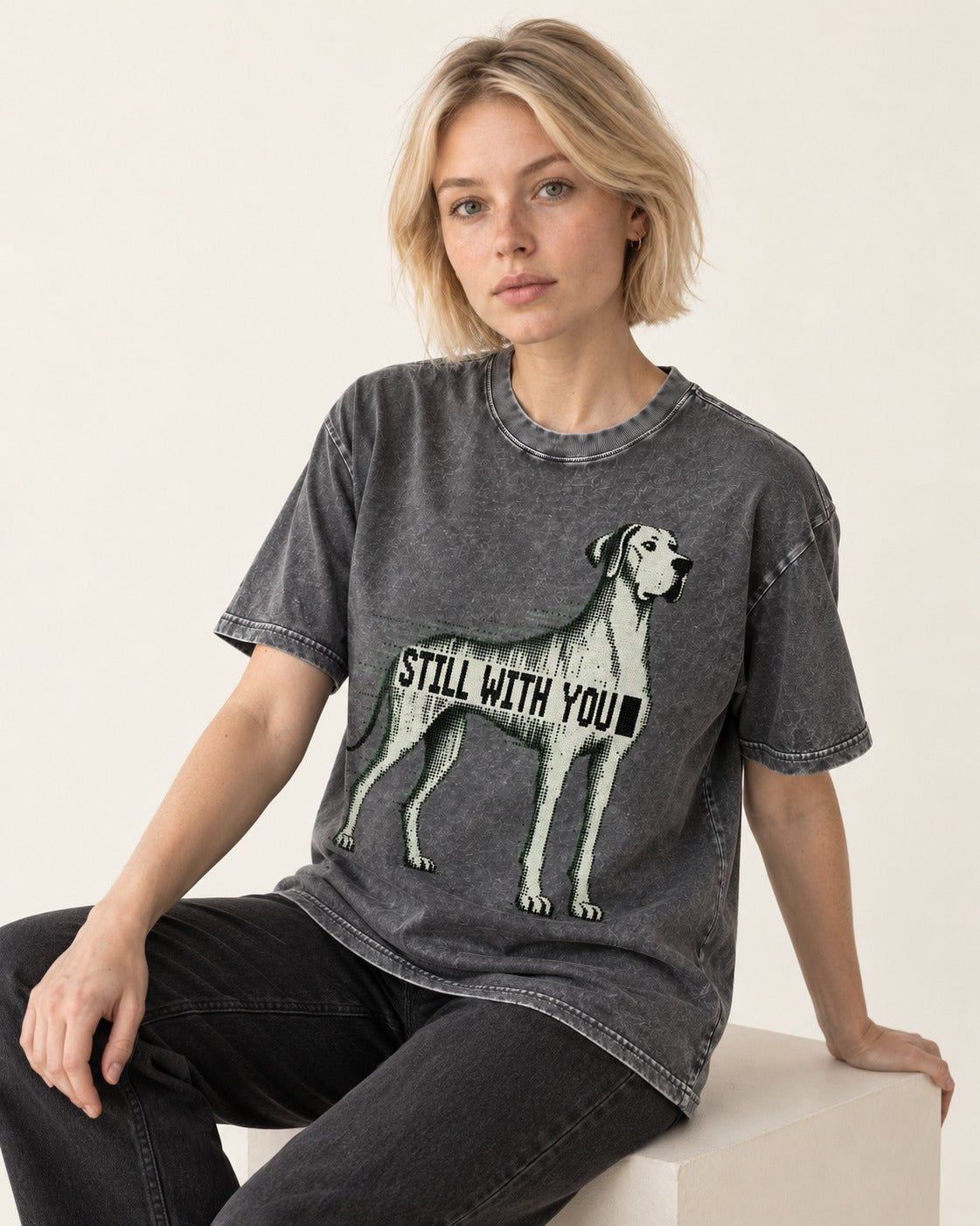 Still with You Great Dane Washed Tee in Gray, worn by a seated model