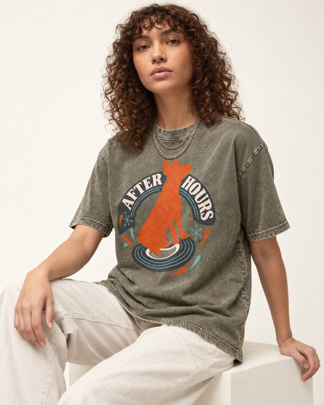 After Hours Boston Terrier Record Graphic Washed Tee in Army Green, worn by a seated model