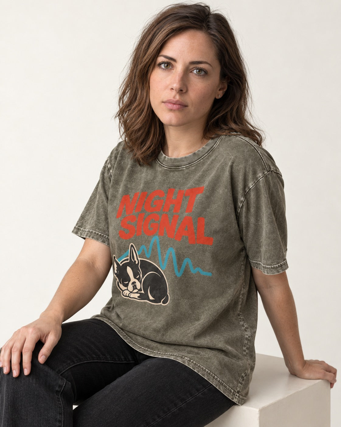 Boston Terrier Sleeping Night Signal Washed Tee in Army Green, worn by a seated model