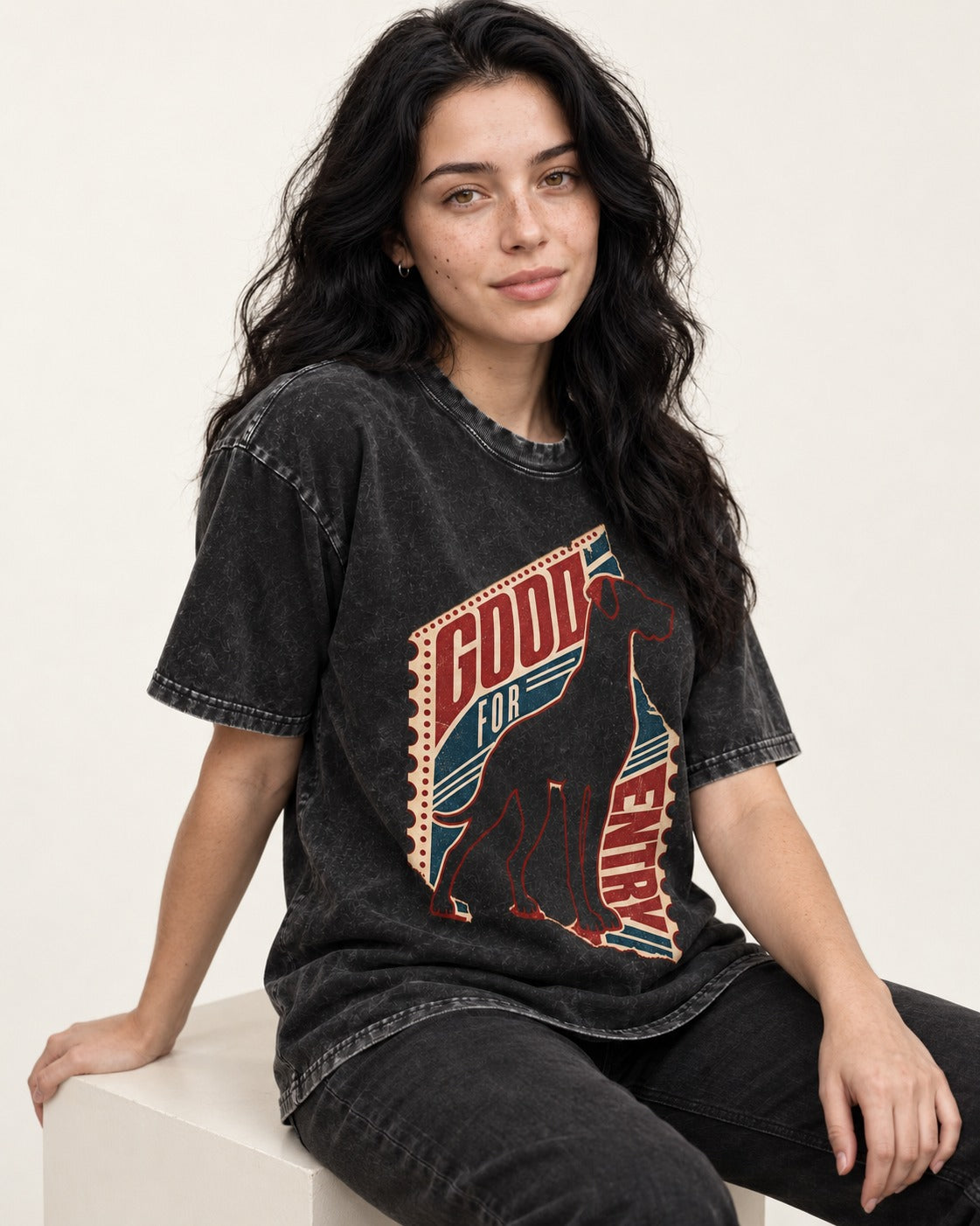 Great Dane Good for Nothing Ticket Cutout Graphic Washed Tee in Black, worn by a seated model