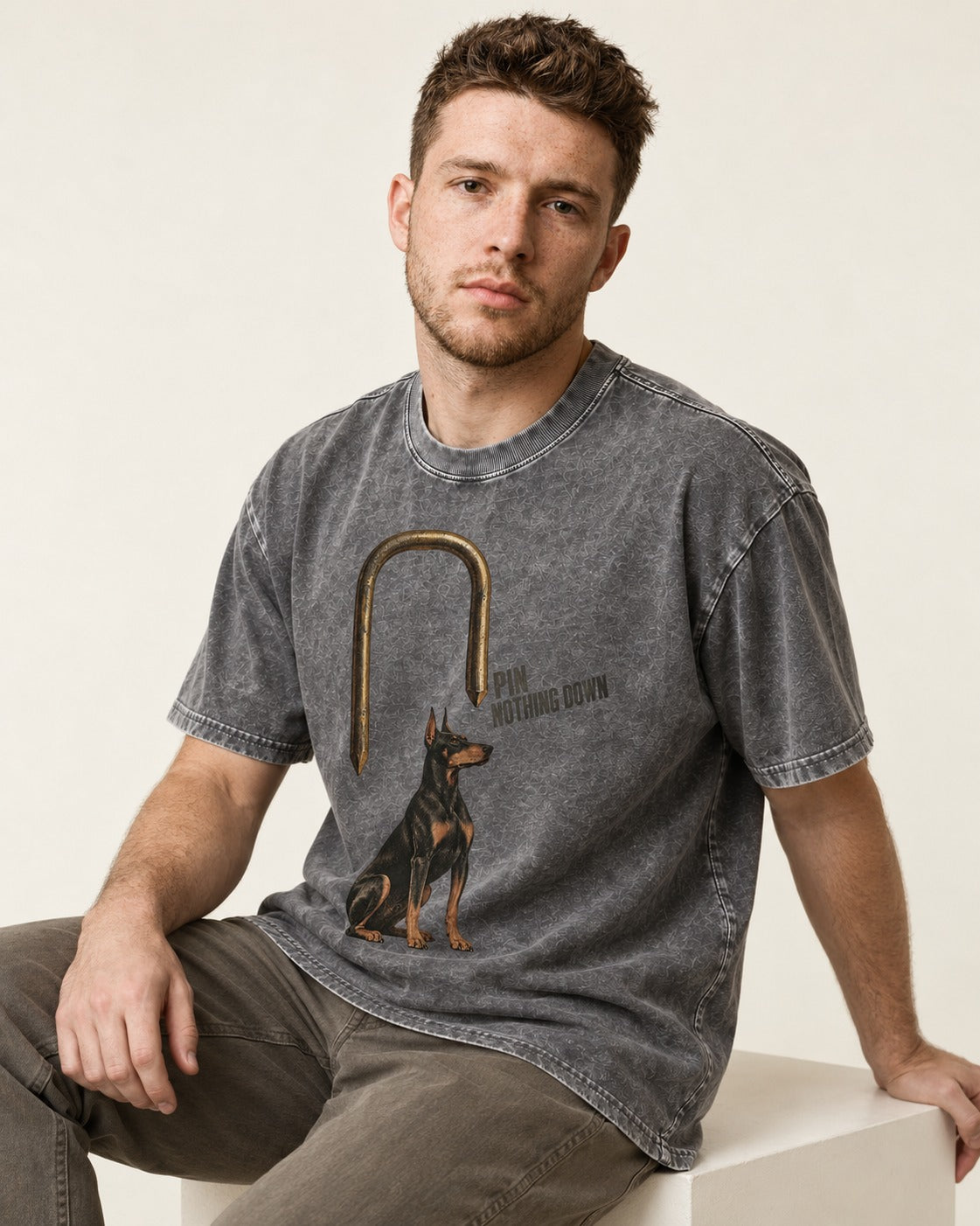 Nothing Pins Doberman Down Washed Tee in Gray, worn by a seated model