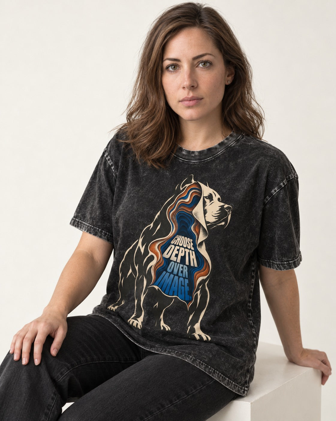 Pitbull Choose Depth Over Image Layered Cutaway Graphic Washed Tee in Black, worn by a seated model