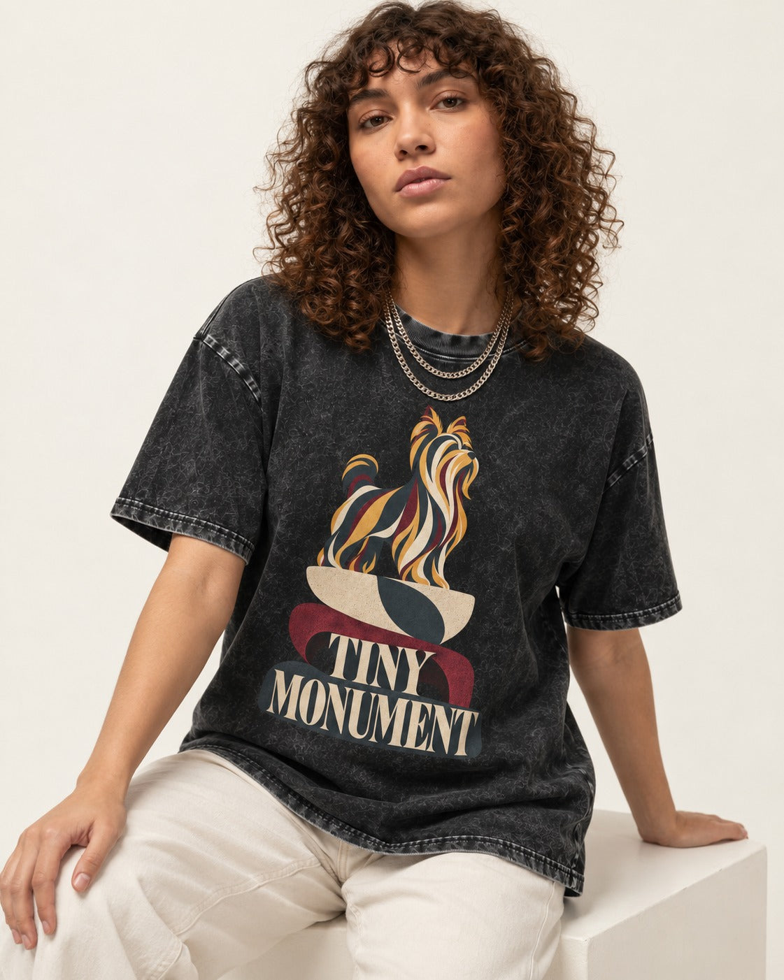 Yorkshire Terrier Tiny Monument Sculptural Plinth Graphic Washed Tee in Black, worn by a seated model