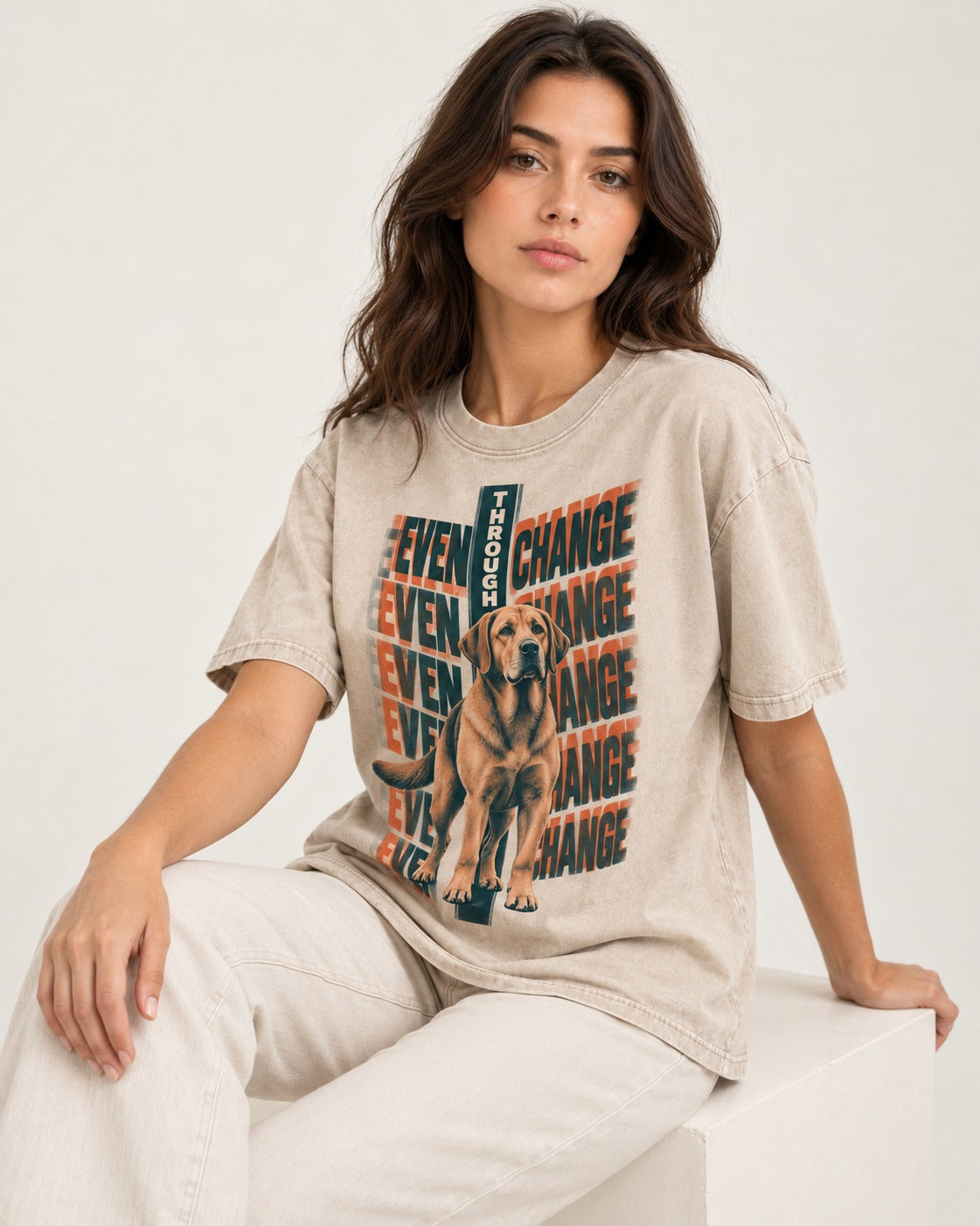 Labrador Retriever Even Through Change Repeated Poster Graphic Washed Tee in Apricot, worn by a seated model
