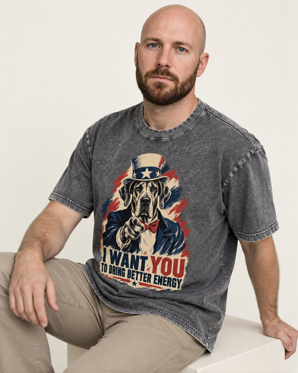 Great Dane I Want You to Bring Better Energy Uncle Sam Graphic Washed Tee in Gray, worn by a seated model