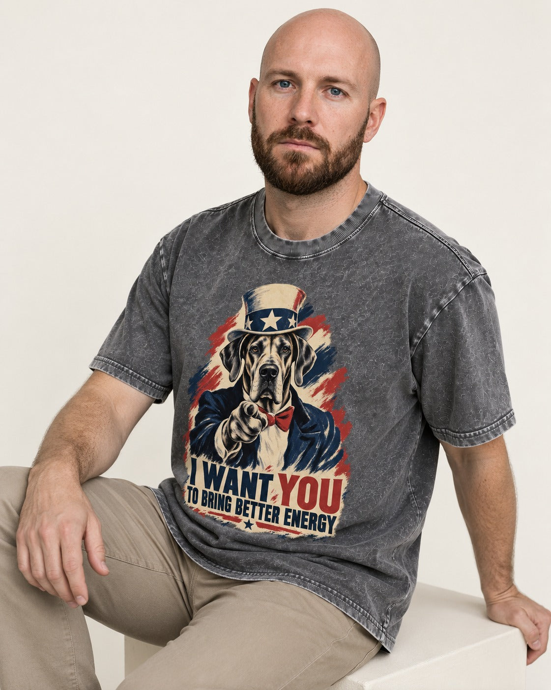 Great Dane I Want You to Bring Better Energy Uncle Sam Graphic Washed Tee in Gray, worn by a seated model