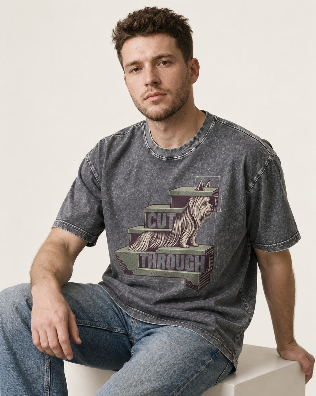 Yorkshire Terrier Cut Through Washed Tee in Gray, worn by a seated model