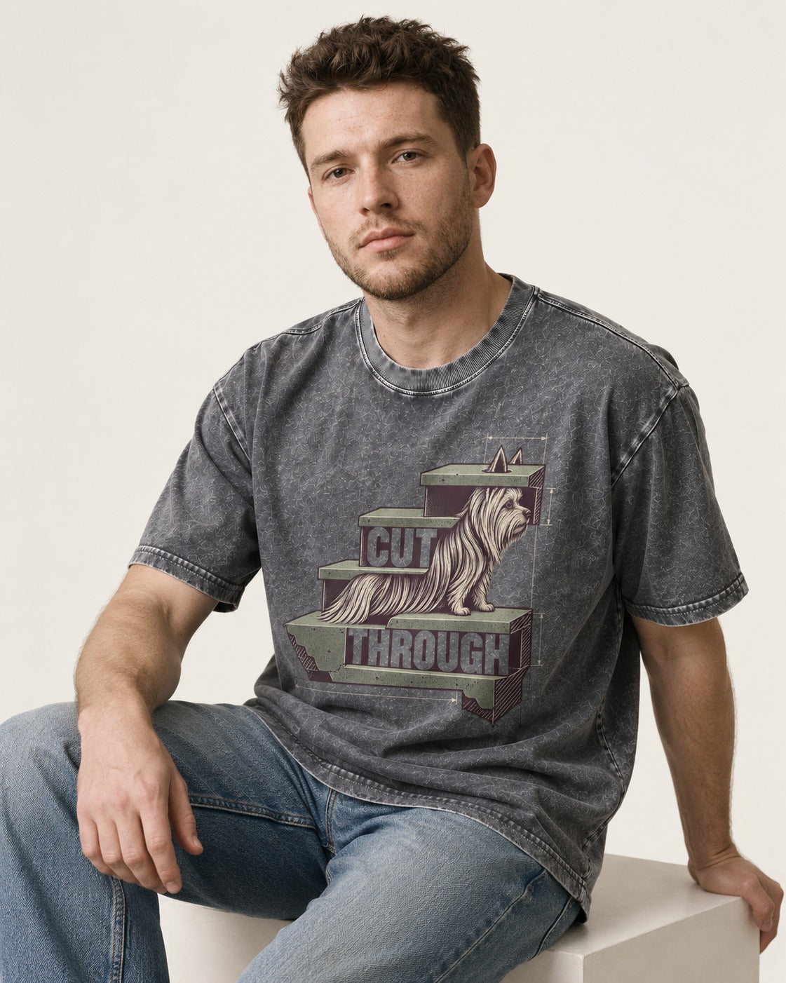 Yorkshire Terrier Cut Through Washed Tee in Gray, worn by a seated model