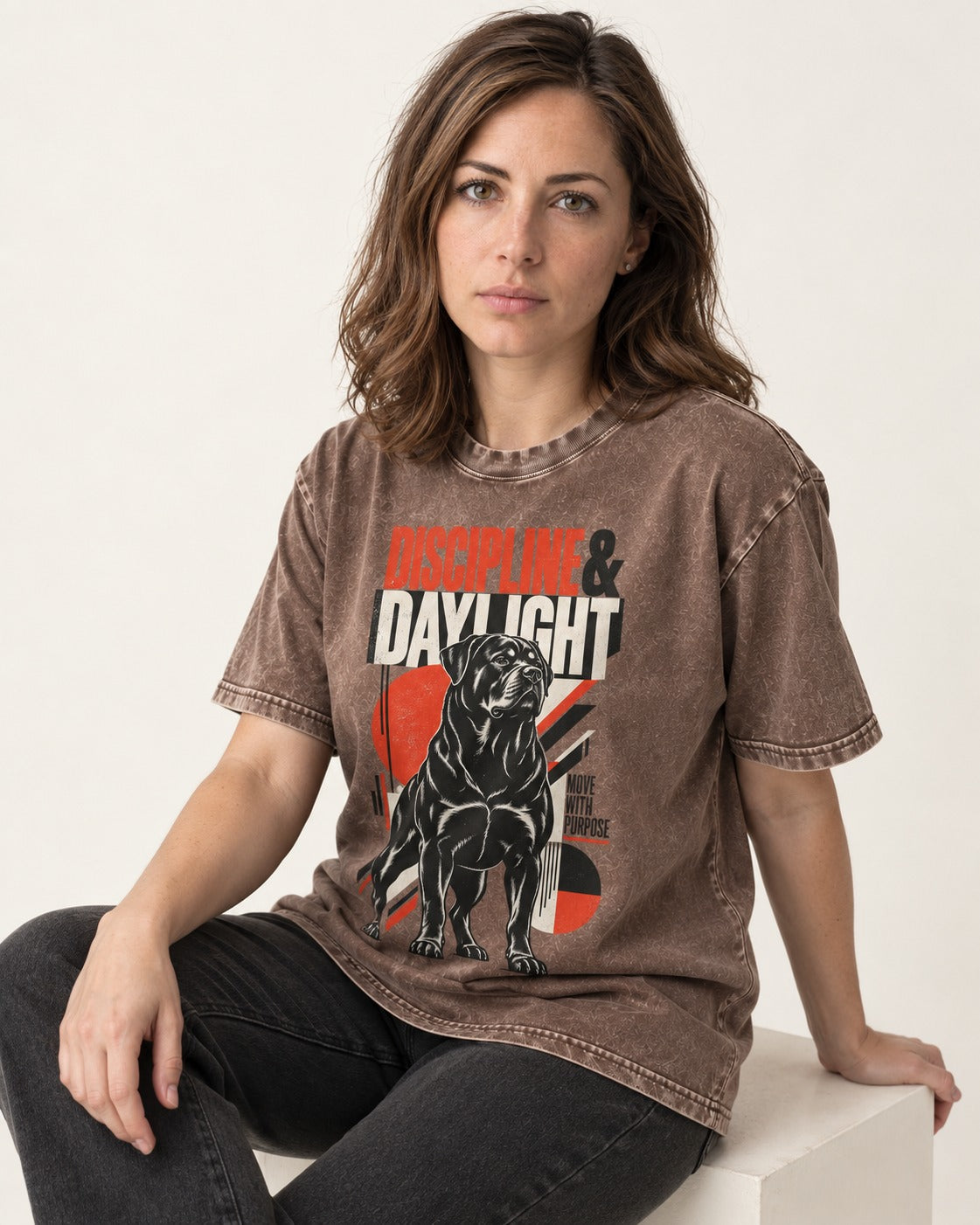 Discipline and Daylight Rottweiler Move With Purpose Washed Tee in Coffee, worn by a seated model