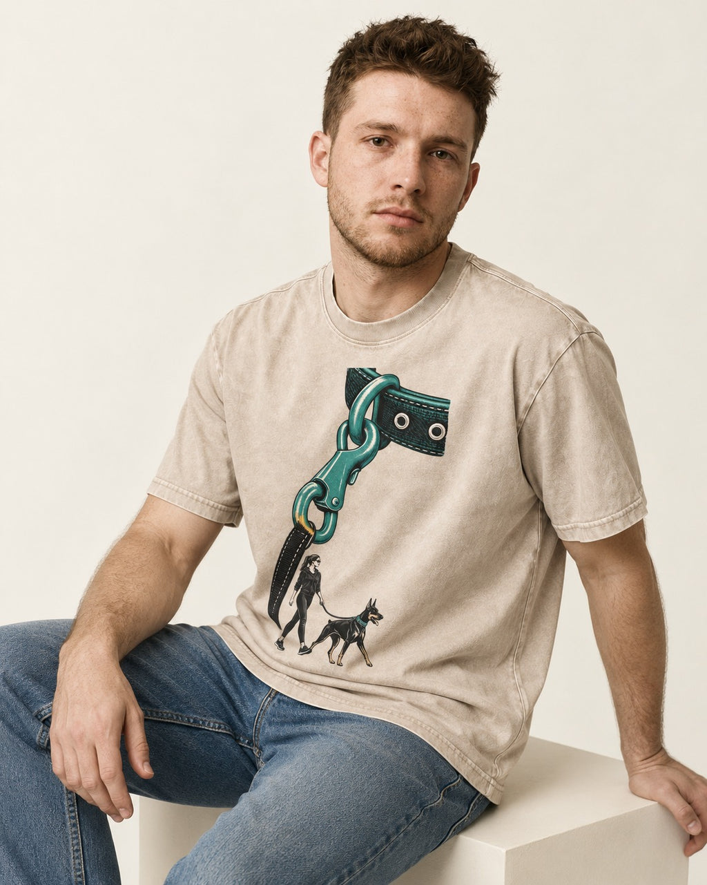 Doberman Oversized Leash Hardware Walk Graphic Washed Tee in Apricot, worn by a seated model