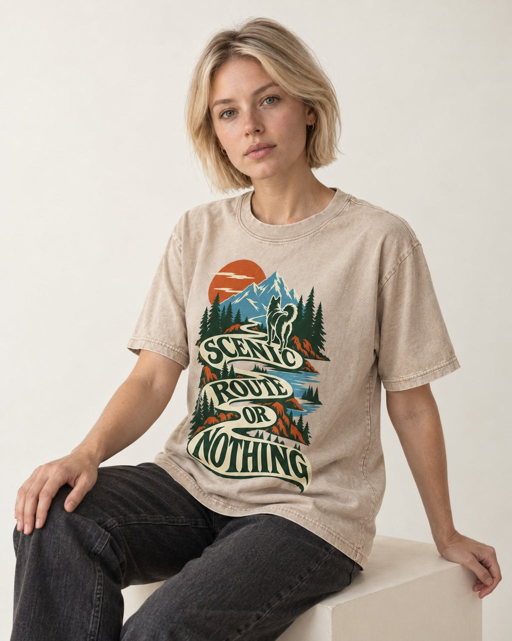 Husky Scenic Route or Nothing Washed Tee in Apricot, worn by a seated model