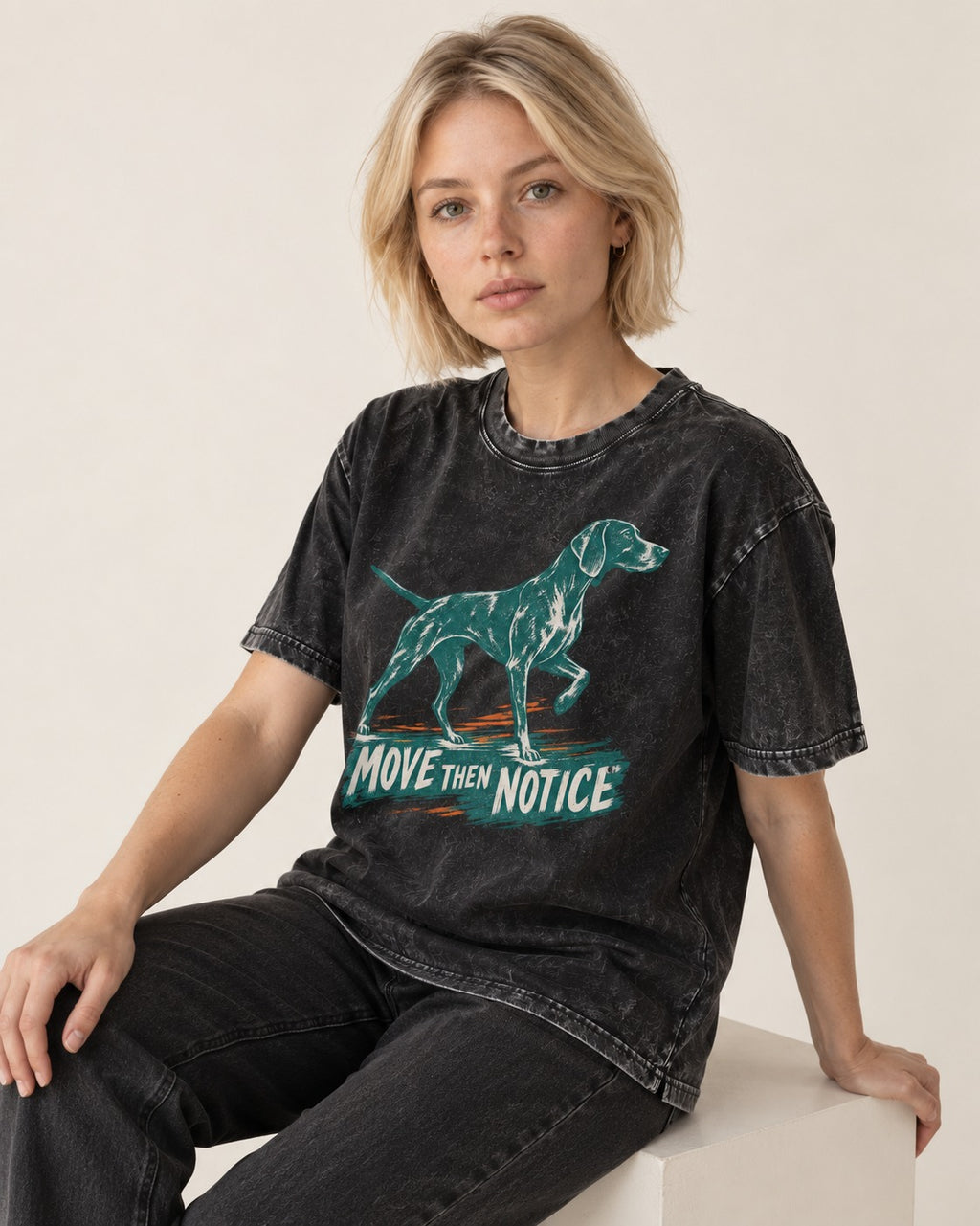 German Shorthaired Pointer Move Then Notice Brushstroke Graphic Washed Tee in Black, worn by a seated model