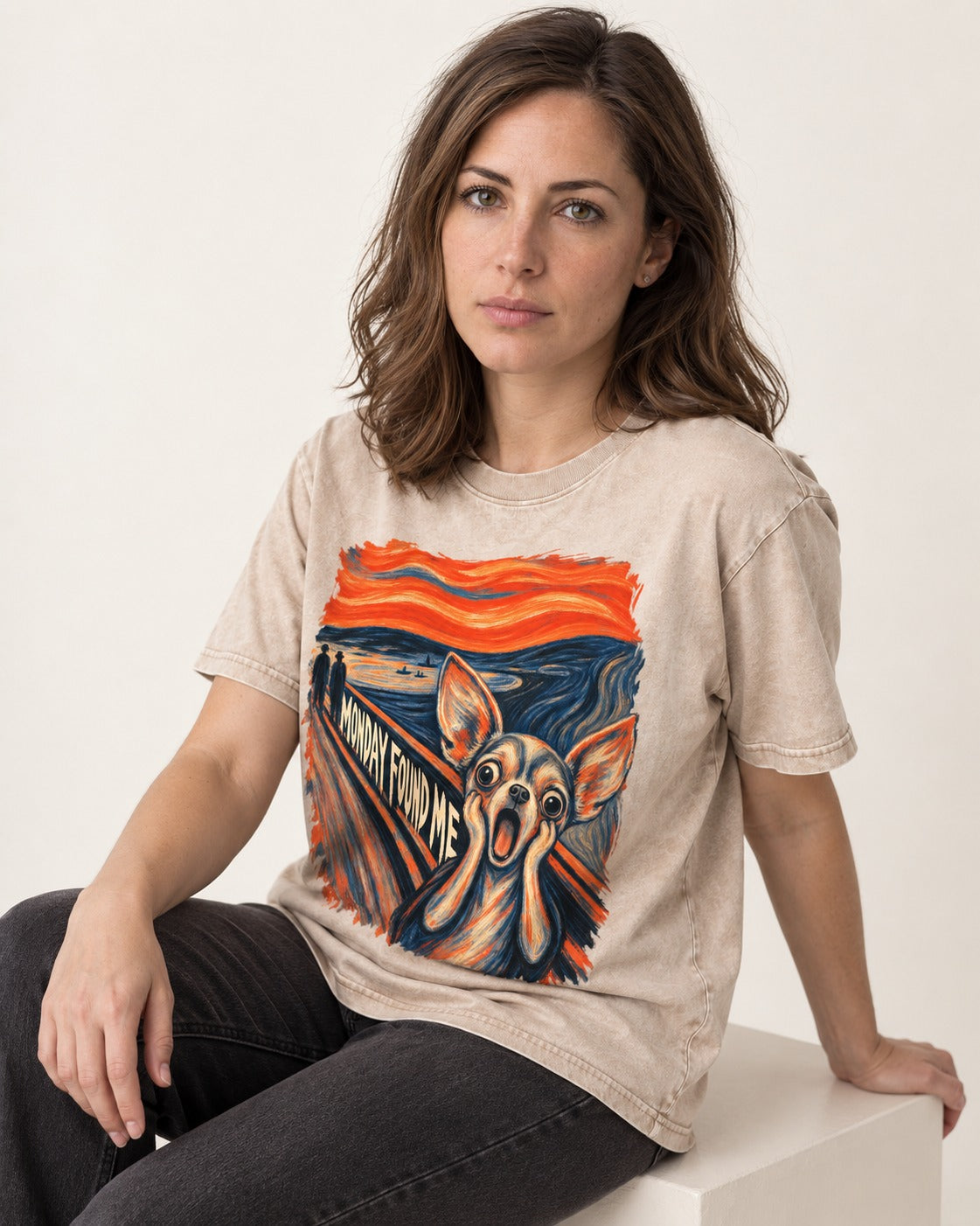 Monday Found Me Chihuahua Scream Path Washed Tee in Apricot, worn by a seated model