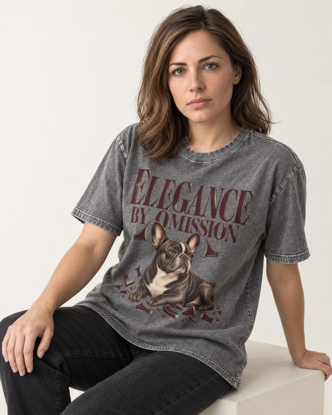 Frenchie Elegance by Omission Washed Tee in Gray, worn by a seated model