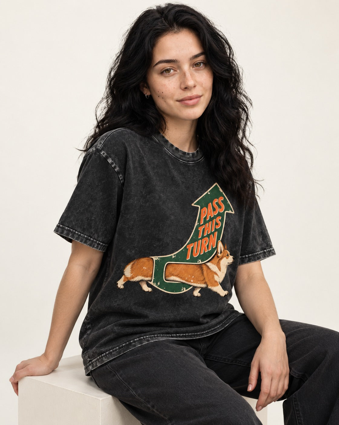 Corgi Pass This Turn Washed Tee in Black, worn by a seated model