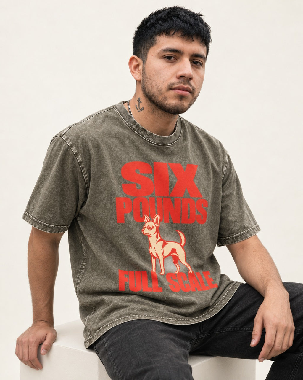 Chihuahua Six Pounds Full Scale Typographic Graphic Washed Tee in Army Green, worn by a seated model