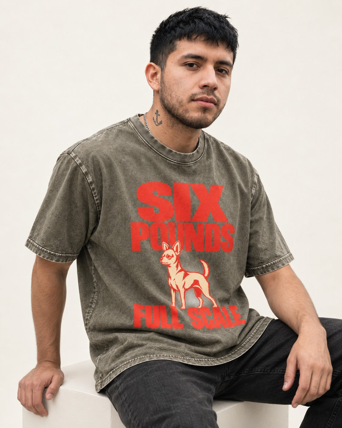 Chihuahua Six Pounds Full Scale Typographic Graphic Washed Tee in Army Green, worn by a seated model
