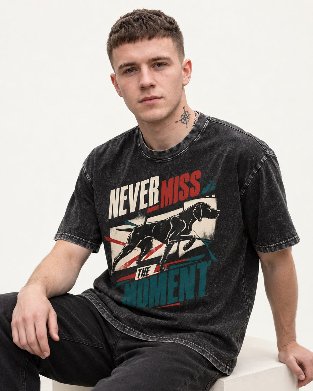 German Shorthaired Pointer Never Miss the Moment Filmstrip Graphic Washed Tee in Black, worn by a seated model
