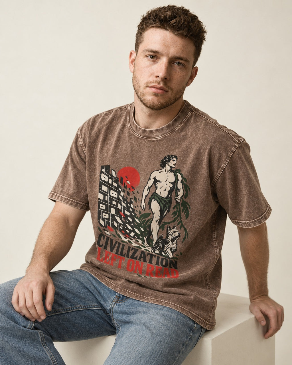 Yorkshire Terrier Left Civilization on Read Washed Tee in Coffee, worn by a seated model