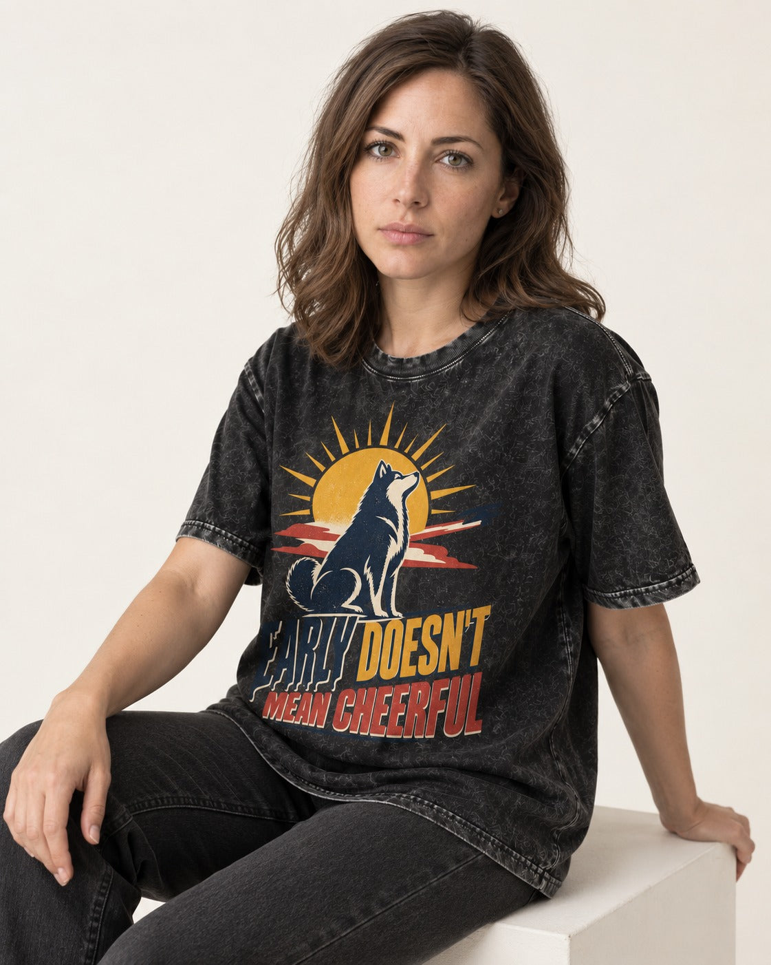 Husky Early Doesnt Mean Cheerful Sunrise Airplane Graphic Washed Tee in Black, worn by a seated model