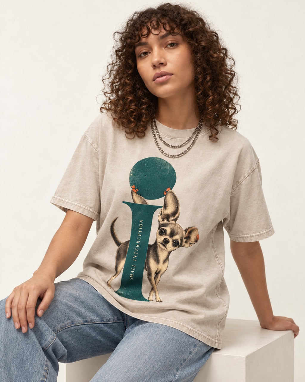Chihuahua Small Interruption Geometric Portrait Washed Tee in Apricot, worn by a seated model