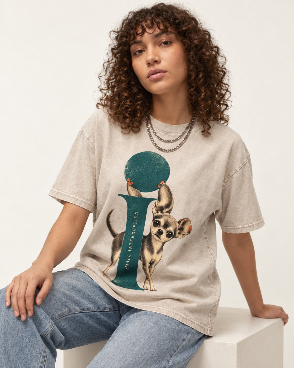 Chihuahua Small Interruption Geometric Portrait Washed Tee in Apricot, worn by a seated model