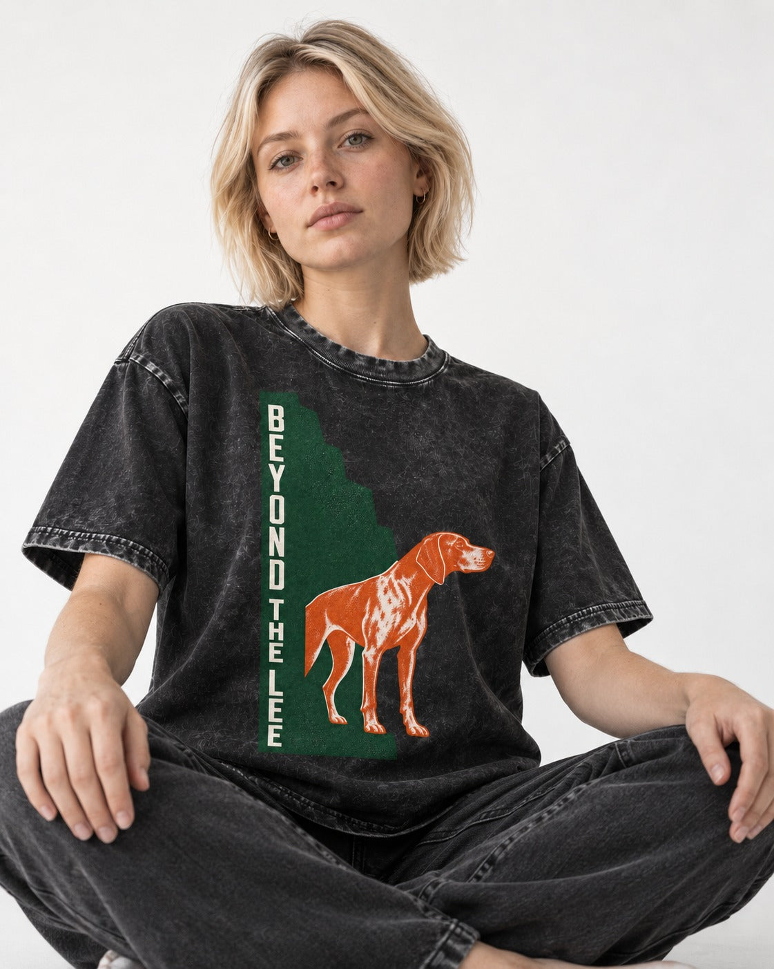German Shorthaired Pointer Beyond the Lee Monument Graphic Washed Tee in Black, worn by a seated model