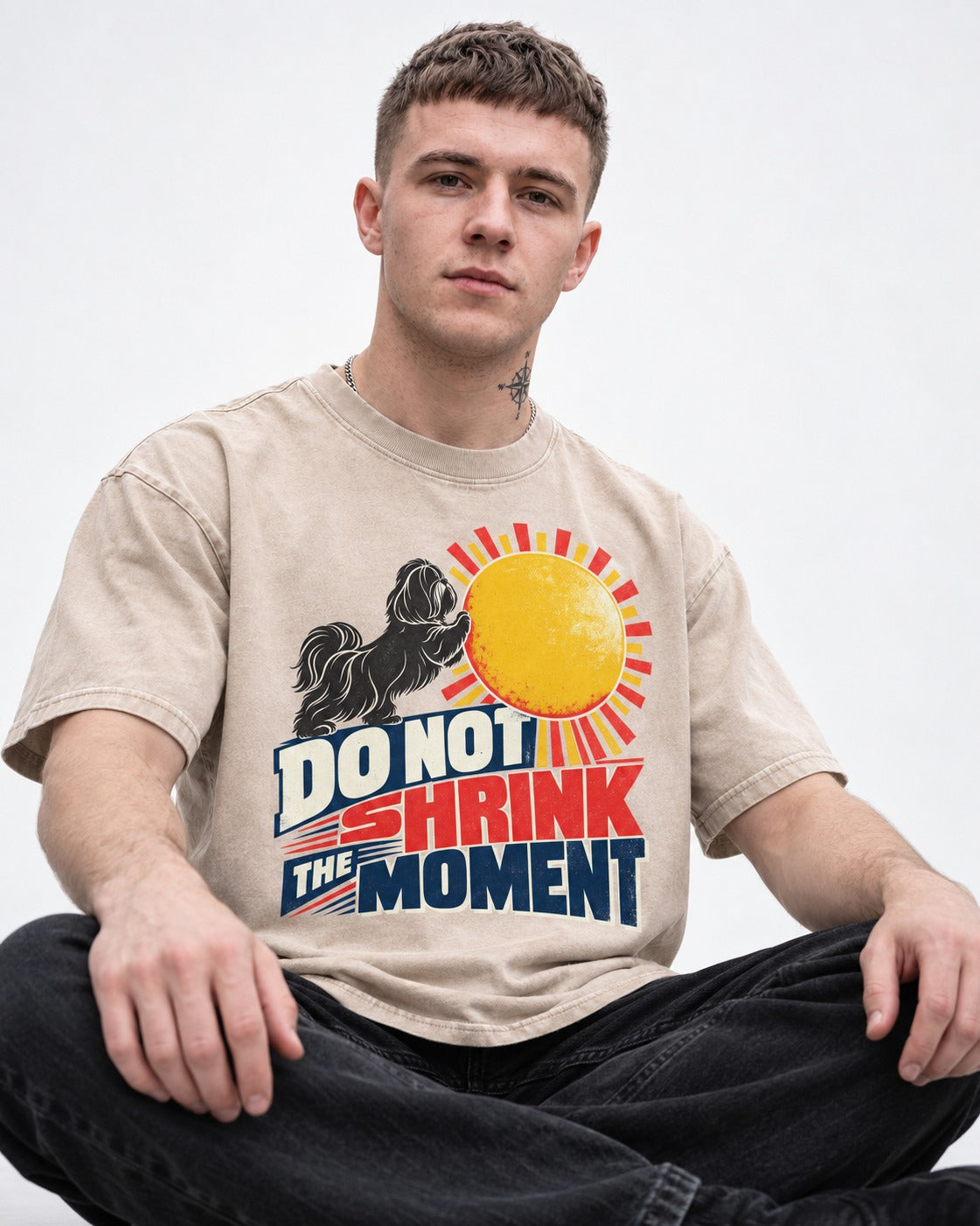 Shih Tzu Do Not Shrink the Moment Sun Graphic Washed Tee in Apricot, worn by a seated model