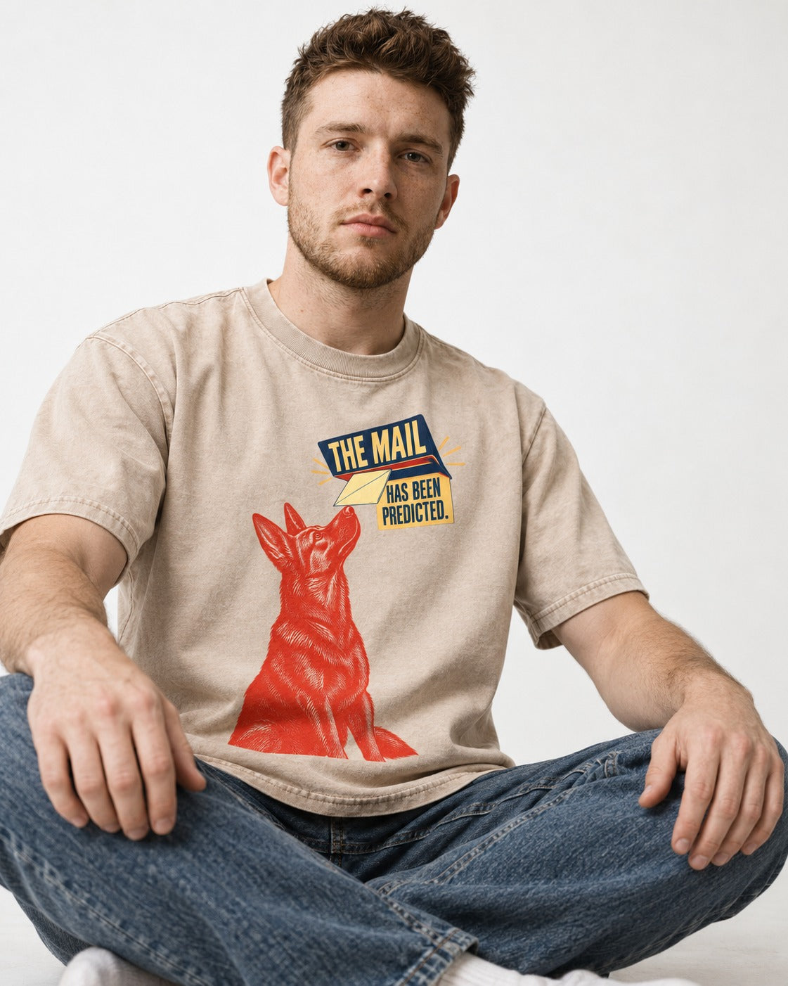 German Shepherd Dog Mail Predicted Graphic Washed Tee in Apricot, worn by a seated model