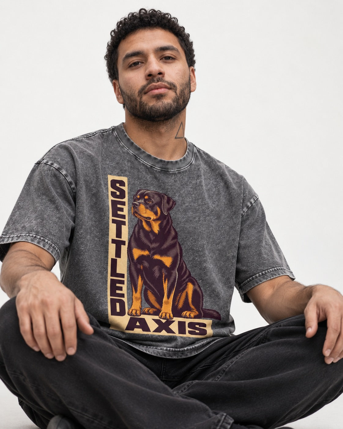Settled Axis Rottweiler Washed Tee in Gray, worn by a seated model