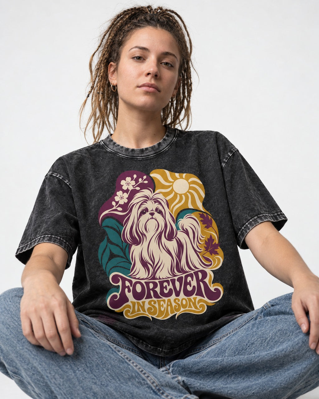 Shih Tzu Forever in Season Botanical Sun Graphic Washed Tee in Black, worn by a seated model