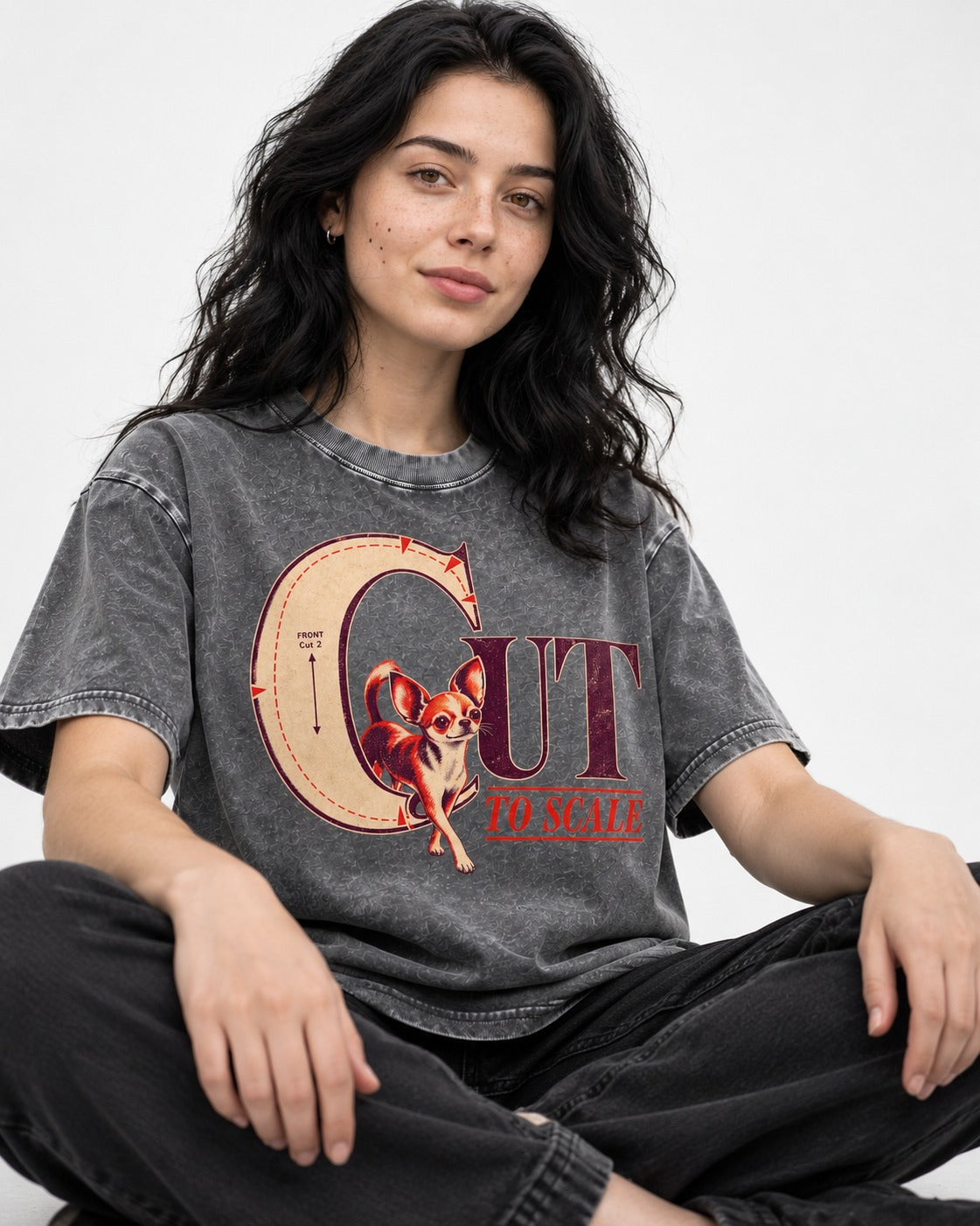 Chihuahua Cut to Scale Sewing Pattern Graphic Washed Tee in Gray, worn by a seated model