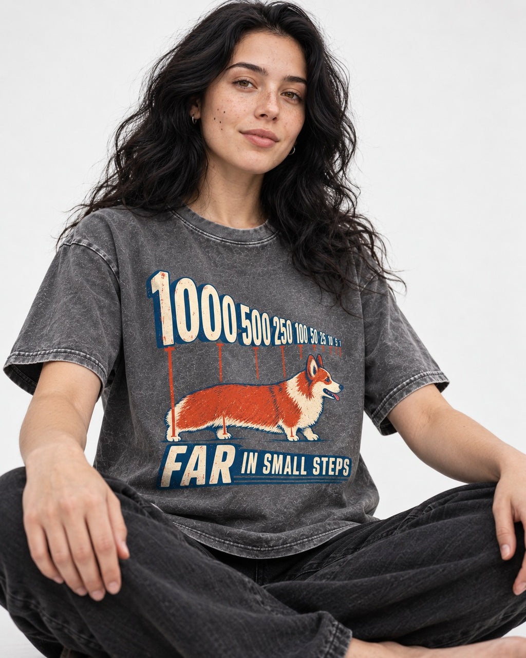 Corgi Far in Small Steps Washed Tee in Gray, worn by a seated model
