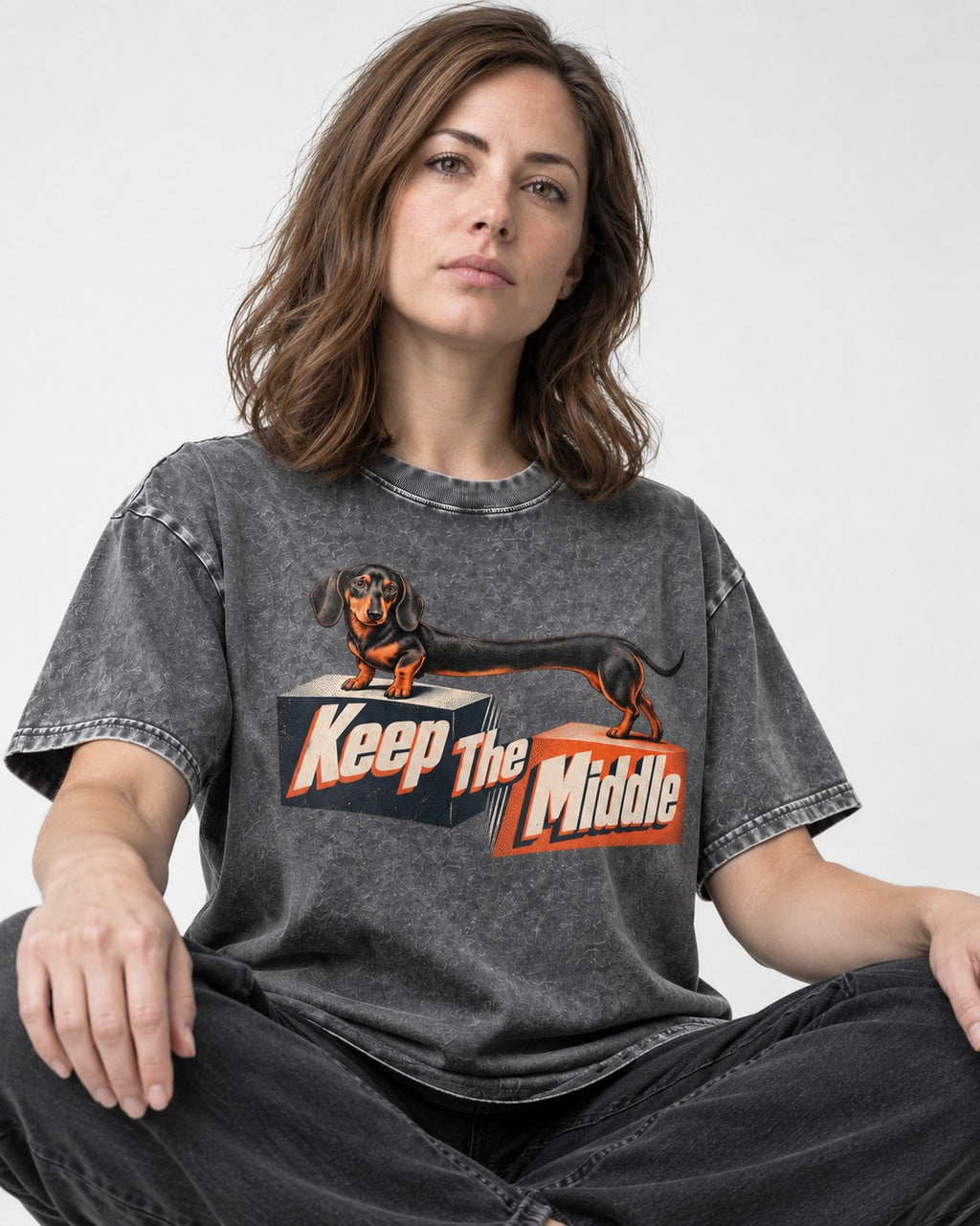 Dachshund Keep The Middle Block Bridge Graphic Washed Tee in Gray, worn by a seated model