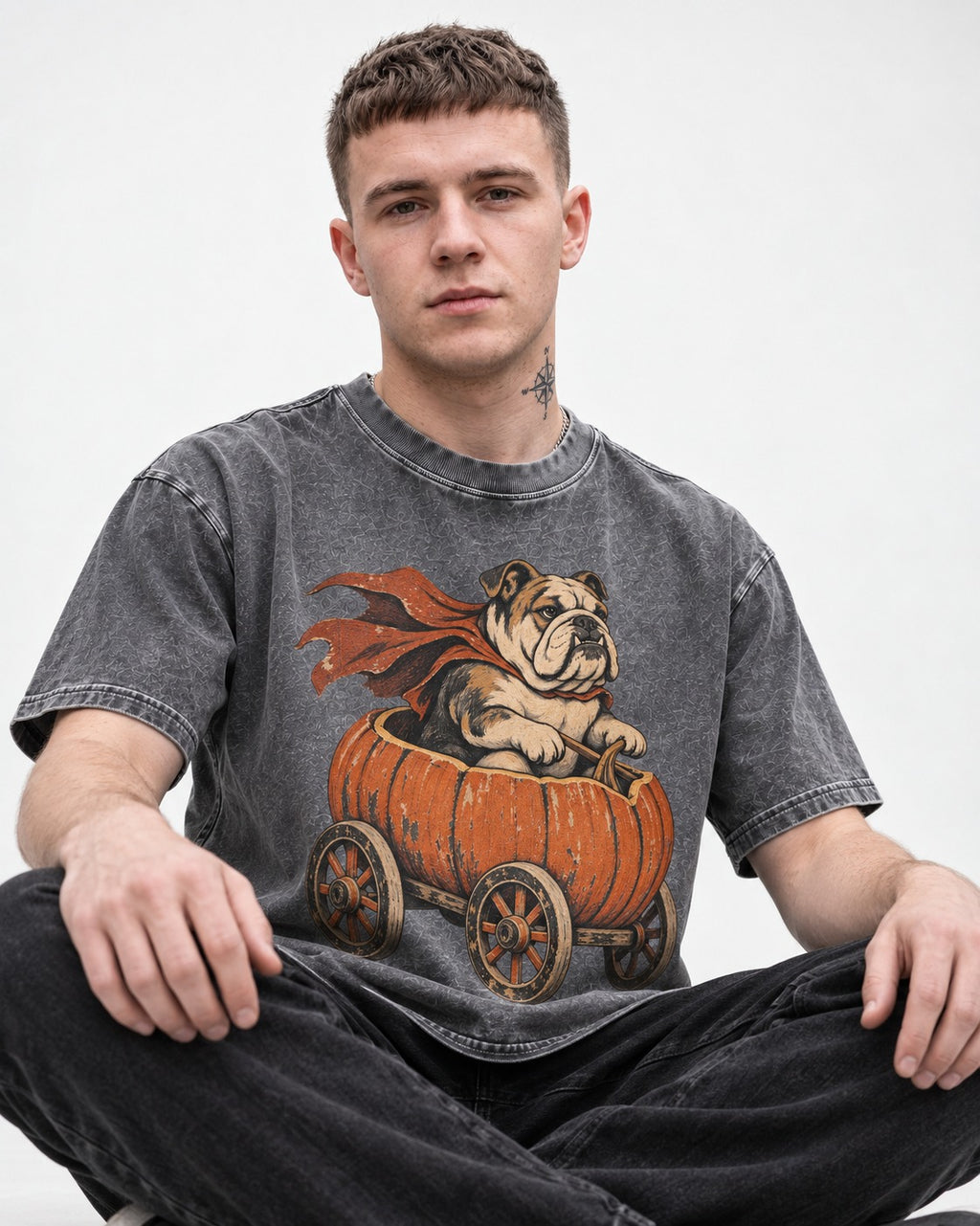 English Bulldog Midnight Magic Washed Tee in Gray, worn by a seated model