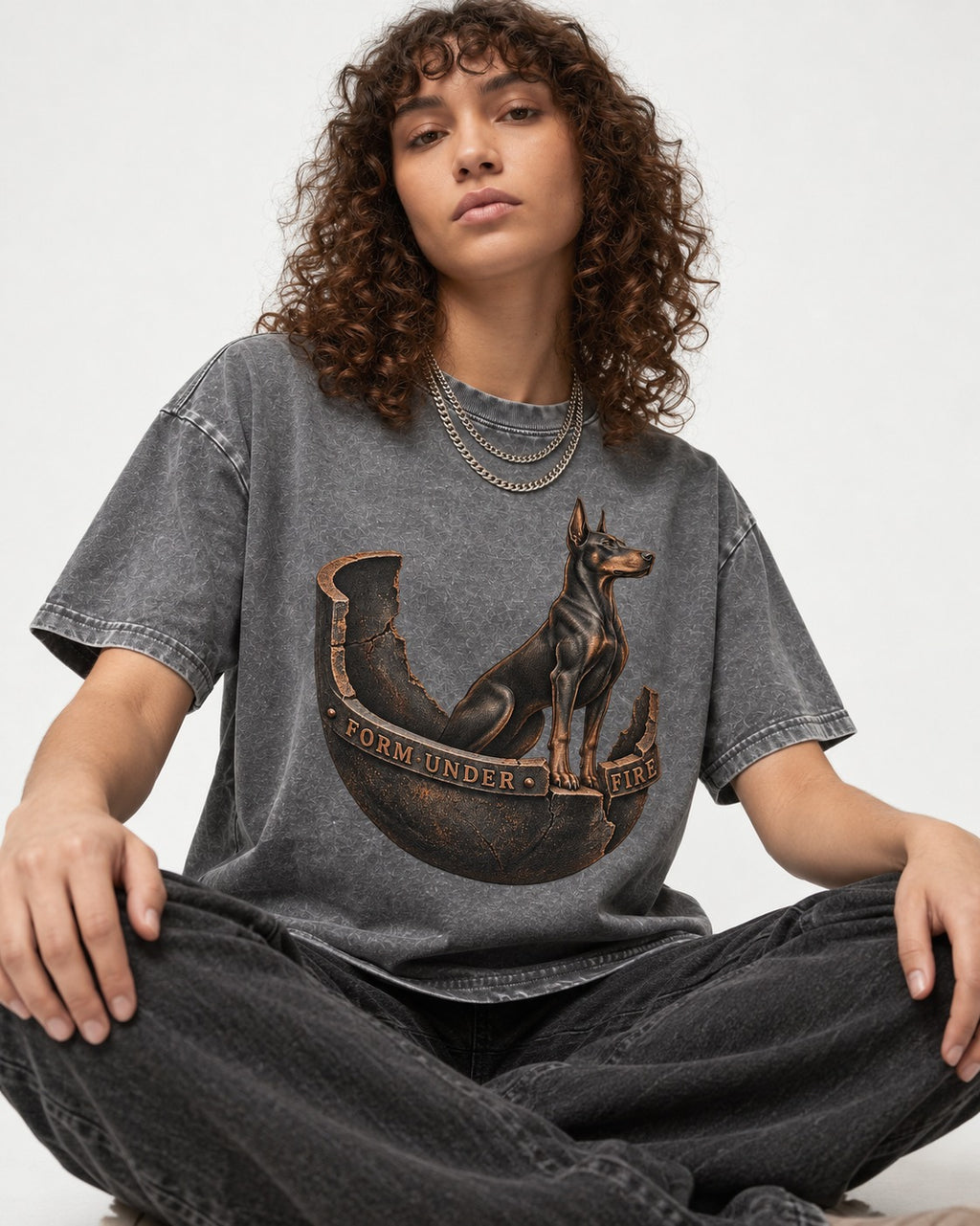 Doberman Form Under Fire Broken Shell Graphic Washed Tee in Gray, worn by a seated model