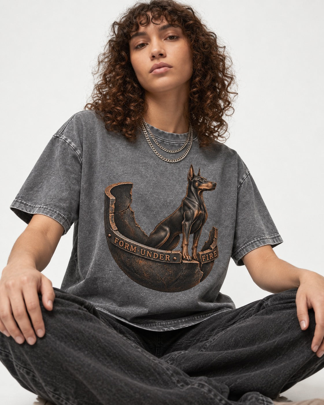 Doberman Form Under Fire Broken Shell Graphic Washed Tee in Gray, worn by a seated model
