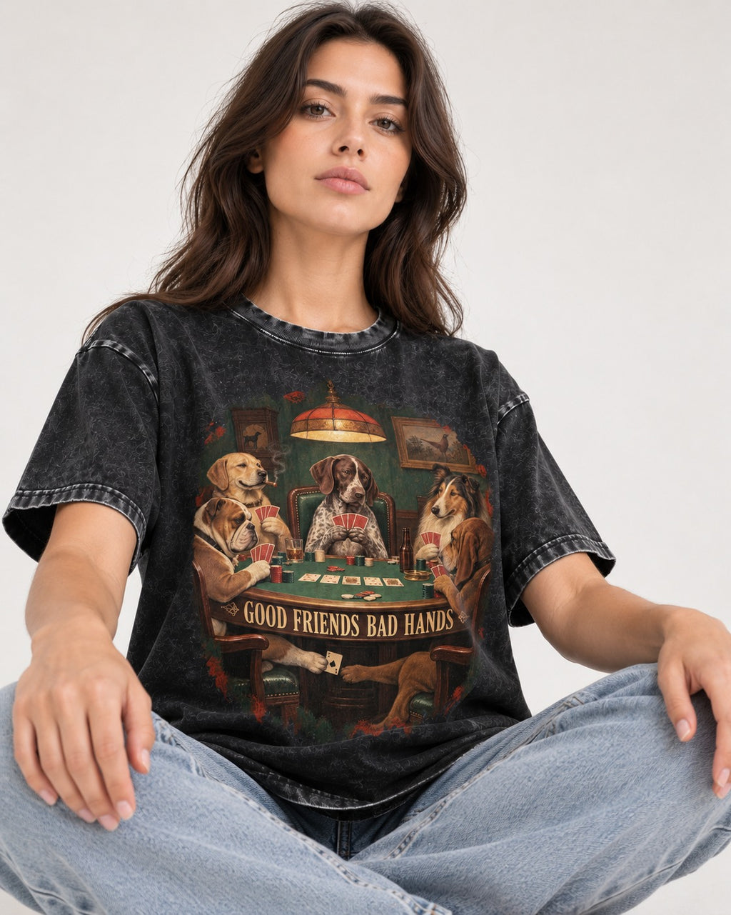 German Shorthaired Pointer Good Friends Bad Hands Poker Night Graphic Washed Tee in Black, worn by a seated model