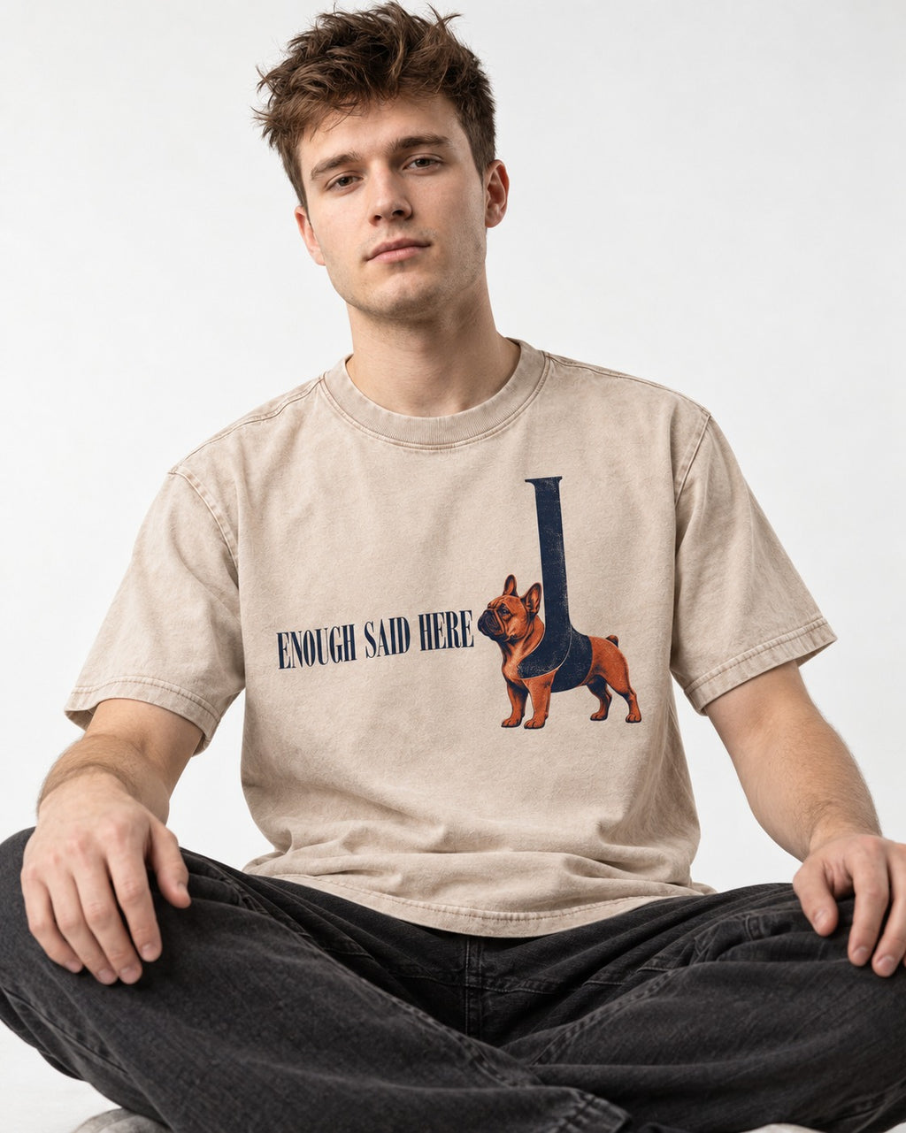 Frenchie Enough Said Washed Tee in Apricot, worn by a seated model
